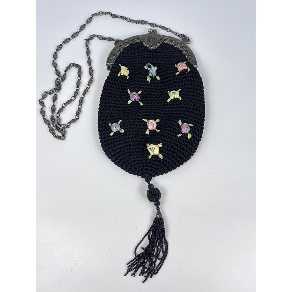 Unbranded Handbags - Vintage Antique Crochet Evening Bag Ribbon Embroidery Roses Filigree Frame Black